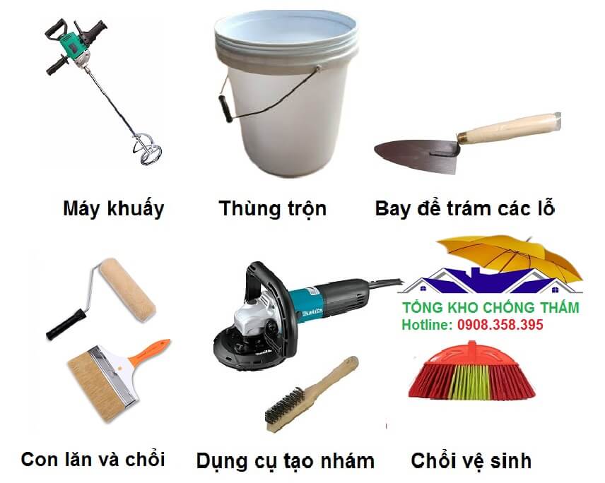 Một số dụng cụ sử dụng để thi công chống thấm nhà vệ sinh