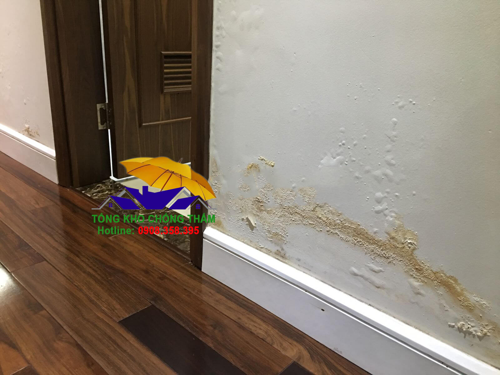 Chân tường giáp khu vệ sinh căn hộ chung cư bị thấm, ẩm mốc và bong tróc sơn
