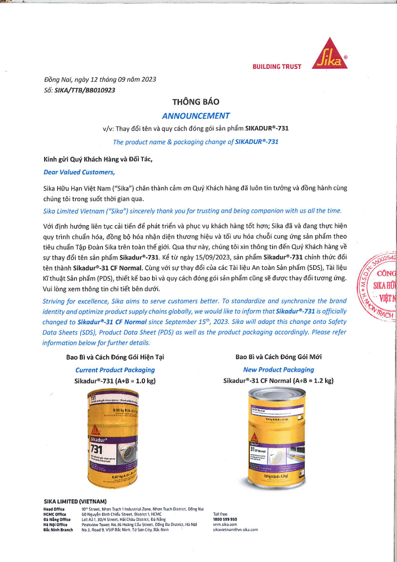 Thông báo thay đổi tên và quy cách đóng gói sản phẩm Sikadur 731 thành Sikadur®-31 CF Normal