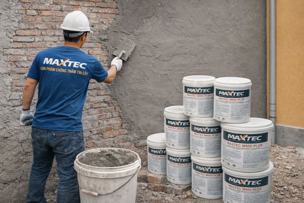 CHỐNG THẤM TƯỜNG GIÁP RANH 2 NHÀ TRIỆT ĐỂ VỚI MAXTEC M900 PLUS